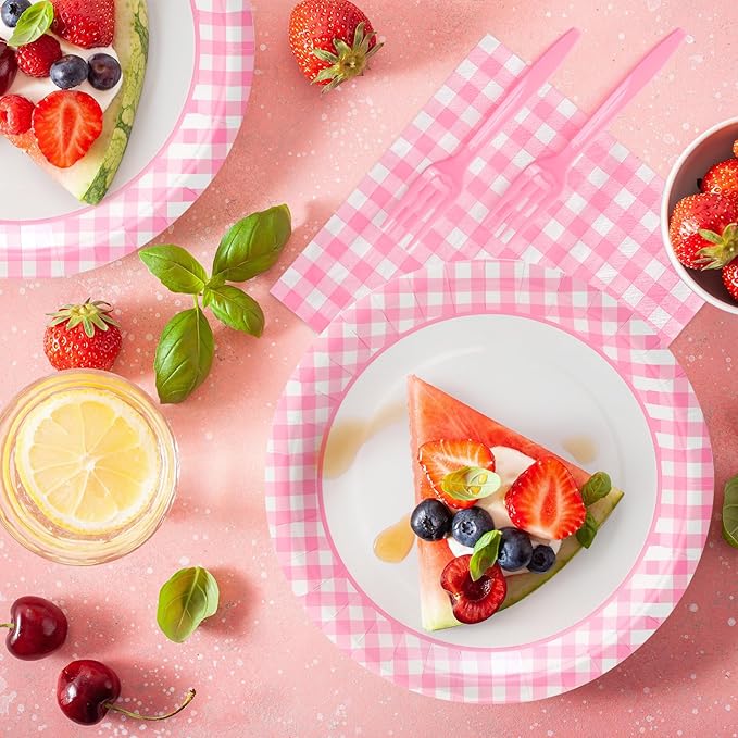 168PCS Party Plates, Scalloped Gingham Paper Plates and Cups and Napkins Sets Party Supplies for Birthday Wedding Bridal Shower Baby Shower Picnic, Serve for 24 Guests (Pink Gingham)