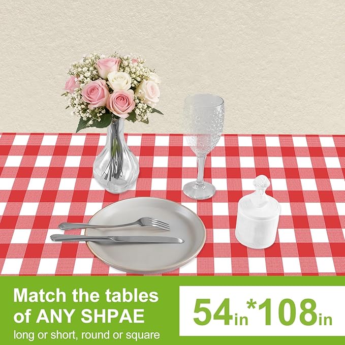 Oigco Red and White Checkered Tablecloths - 3 Pack 54" × 108" Rectangle Disposable Plastic Red Gingham Tablecloth, Picnic Table Cover for Party, Wedding, Birthday Christmas Decor
