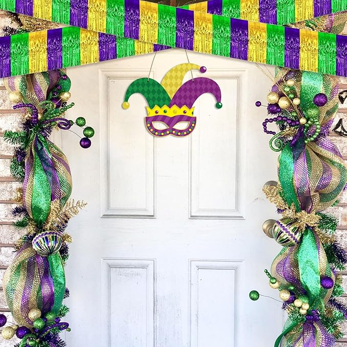 12 Pack 10 Feet Metallic Foil Fringe Garland Tinsel Streamers Banner, Gold Green Purple Wall Hanging Tinsel Fringe Banners for Parade Floats, Wedding, Birthday, Mardi Gras Party Decorations