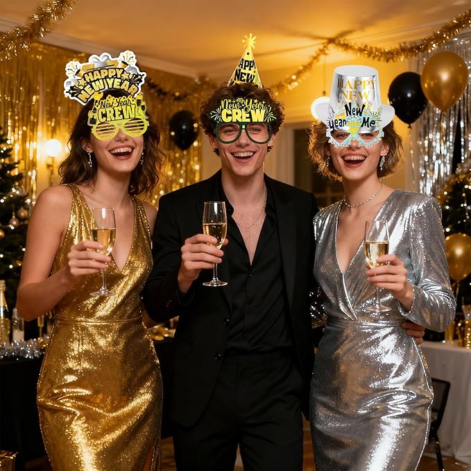 HOWAF 2026 New Year’s Eve Party Supplies, for 18 Guest, 2026 Happy New Year Party Decoration Include Cone Hats Tiaras Tassel Squawkers Glitter New Year Glasses 2026, Black and Gold Top Hats