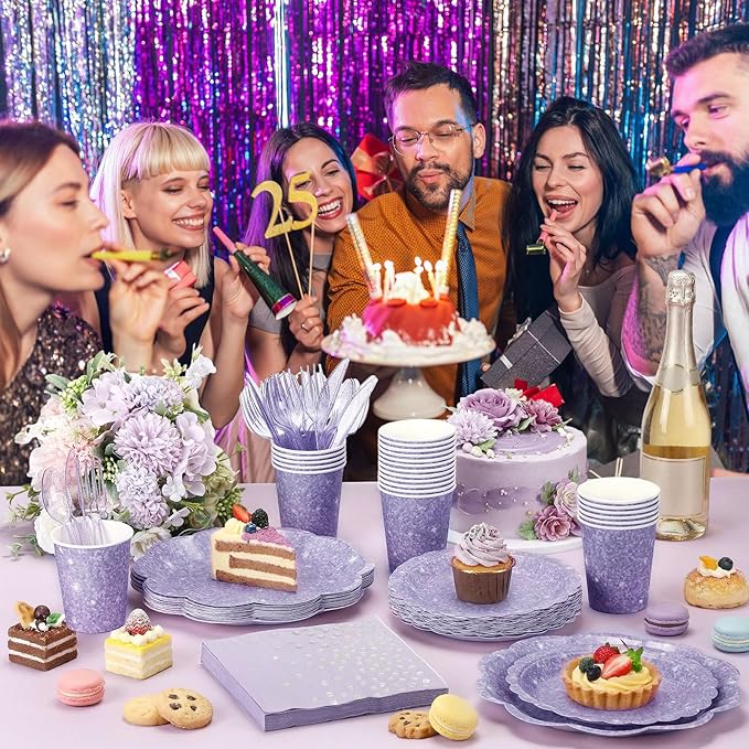 Hushee 175 Pcs Light Purple Holographic Print Party 25 Guests Disposable Dinnerware Set Include Paper Plates, Napkins, Paper Cups, Plastic Tableware for Birthday Party