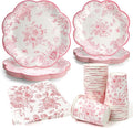 96pcs Pink Party Plates - Pink Flower Paper Plates, Cups and Napkins Spring Graden Dessert Plates for 24 Guests Party Table Supplies for Tea Party Baby Shower Brial Shower Birthday Wedding
