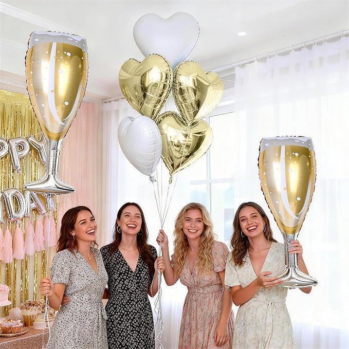 Champagne Balloons, Engagement Party Balloons with Champagne Bottle Glass Foil Mylar Balloon Gold White Heart Shaped Balloon for Wedding Anniversary Bachelorette Birthday Bridal Shower Decorations