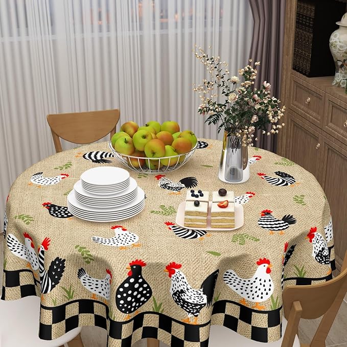 Rooster Round Tablecloth 70 Inch Chicken Farmhouse Circle Table Cloth Rustic Vintage Table Cover Washable Polyester Decorations for Holiday Home Kitchen Dinning Party