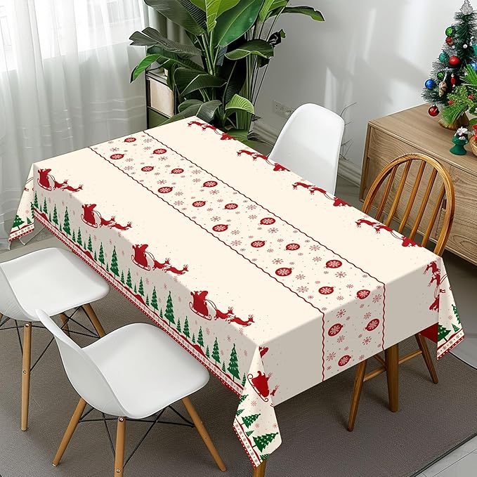 Childom Christmas Disposable Tablecloth,2 Pack Plastic Christmas Tablecloths for Rectangle Tables,54 x 108 Inch,Xmas Beige Reindeer Tablecloths for Xmas Table Decorations Indoor,Outdoor,Parties