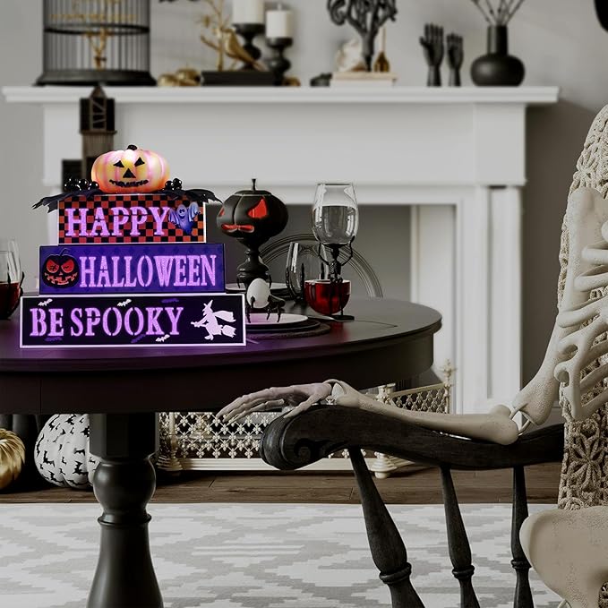BlcTec Halloween Decorations Indoor, Premium Wood Block Sign with Lighted 3D Letters, Pumpkin, Maples & Berries, Timer Battery Operated Halloween Décor for Home Tabletop, Mantle, Shelf, Tiered Tray