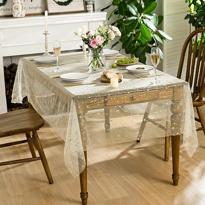 Horaldaily Beige Gold Sparkling Star Gauze Tablecloth 60x140 Inch Rectangular, Golden Star Sequin Glitter Metallic Foil, Sheer Tulle Cheesecloth for Wedding Baby Shower Party