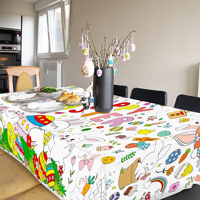 Giant Easter Coloring Tablecloth, 54" x 108" Easter Crafts Table Cloth, Coloring Tablecloth Disposable for Crafts Party Decorations, Rectangular Painting Poster Banner Art Activities with Bunny Eggs