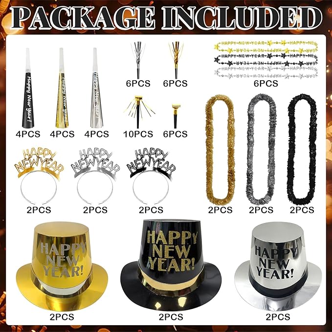 New Years Eve Party Supplies 2026 70PCS Happy New Years Decoration Hats Headband for 2026 Party Props Festival Decorations Count Down NYE Party Supplies Favors(Black Gold -3)