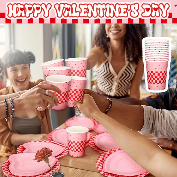 Zhehao 112 Pcs Valentine's Day Party Supplies Set for 24 Guests Paper Plates 9 oz Cups Napkins and Cutlery Pink and Red Plaid Ladies Celebration Party Decor Women Supplies