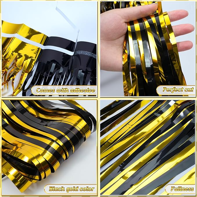 6Pack 3.3Ft x 6.6Ft Graduation Foil Fringe Curtain Backdrop Decorations, Black Gold Metallic Tinsel Foil Streamers Curtain Photo Booth Background for Graduation Prom Wedding Birthday Party Decorations