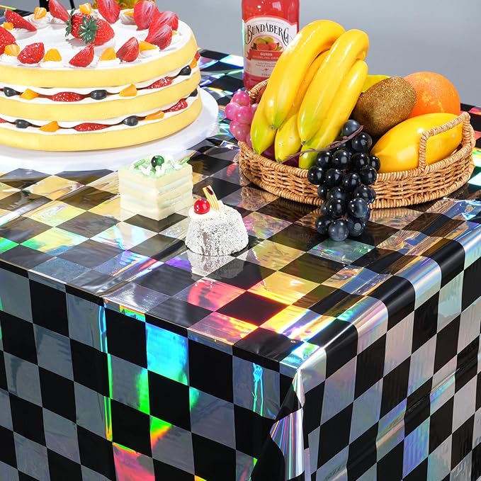 6Pack Black and Iridescent Checkered Plastic Tablecloth, Shiny Disposable Laser Rectangle Table Covers, Holographic Foil Tablecloth Iridescent Party Decorations for Picnic Camping Race Car, 54x108Inch