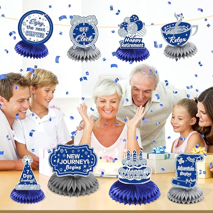 RUMIA 8pcs Navy Blue Silver Retirement Letter Print Honeycomb Centerpieces for Retirement Parties