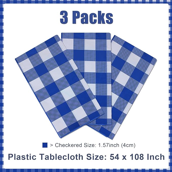 3 Packs Blue Checkered Tablecloth 54 x 108 Inch Waterproof Rectangular Plaid Tablecloth Disposable Plastic Table Cover for Holiday Birthday Party