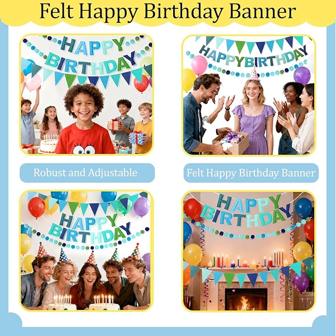 3PCS Pre-Strung 3D Blue Felt Happy Birthday Banner Set – Pom Pom Garland & Triangle Bunting, Reusable Happy Birthday Decorations, Felt Happy Birthday Banner & Sign for Boys, Men & Teens