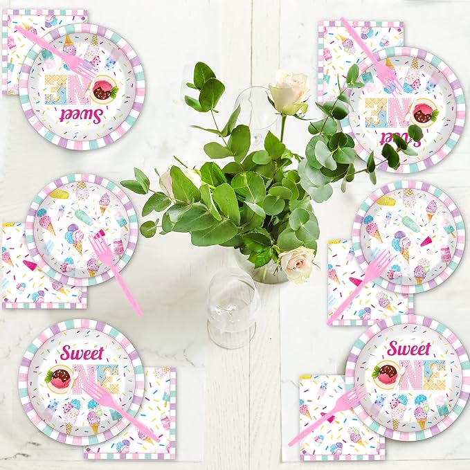 chiazllta 96Pcs Sweet One Ice Cream 1st Birthday Party Paper Plates and Napkins Supplies, Ice Cream Popsicle First Birthday Tableware Decorations for Party Favors 24 Guests