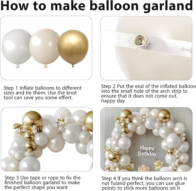 White and Gold Balloons Arch Kit - 129 pcs Double Stuffed Pearl White Sand Beige Ivory Chrome Gold Bobo Balloons for Wedding Birthday Party Decorations