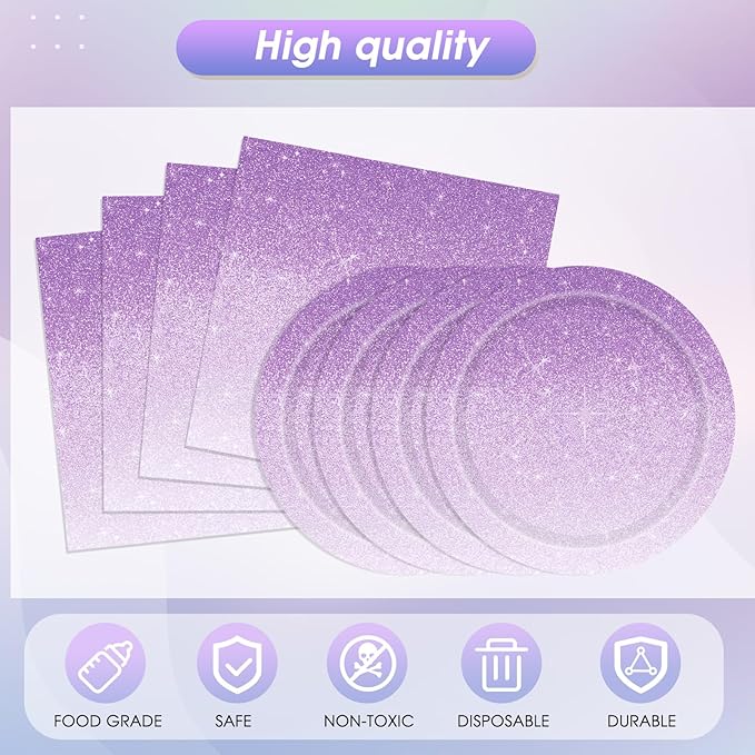 41Pcs Ombre Purple Party Decorations Disposable Party Tableware Set Gradient Pastel Purple Paper Plates Napkins Tablecloth, for Wedding Birthday Anniversary Lavender Party Decorations,Serve 20