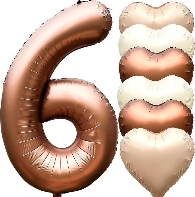 Jonhamwelbor 40 inch Brown Number 6 Balloon Large Big Giant Jumbo Helium Number Foil Mylar Balloon with Heart Balloons for Six Year Old Girl Boy 6th Birthday Party Decoration (40 inch Brown 6)