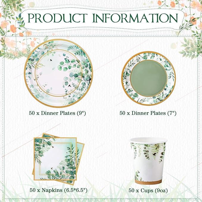 Pickmesh 250 Pcs Sage Party Disposable Tableware Set Paper Plates and Napkins Cups Supplies Tea Party Theme Dinner Dinnerware for Birthday Bridal Baby Shower Wedding Decoration Serves 50