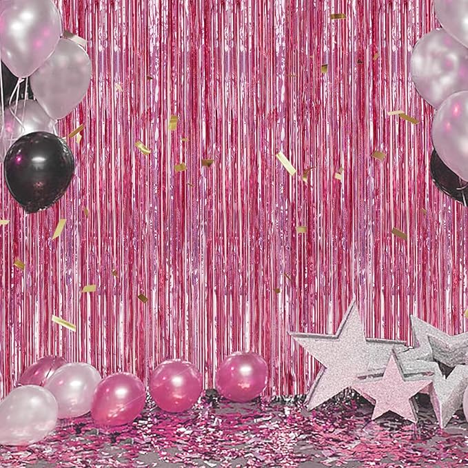 2 Pack Foil Fringe Backdrop - Laser Pink Shiny Tinsel Curtains for Party Decoration/Photo Booth Props - 3.3x6.6 FT Metallic Foil Backdrop for Birthday, Wedding, Graduation, Christmas.