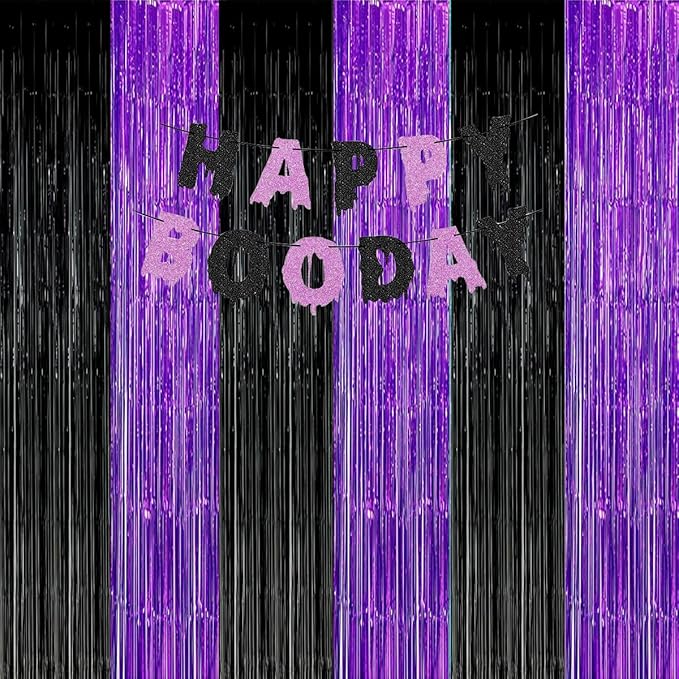 Graduation Decorations 2026 Purple Black Foil Fringe Backdrops, Black Purple Party Decorations Streamer Tinsel Curtains for Graduation Birthday Halloween Party(3 Pack)