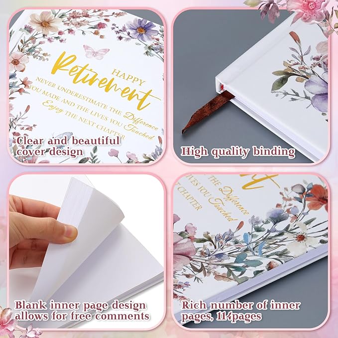 2026 Retirement Guest Book with 2 Markers 8.7'' Square Hardcover Blank Guest Photo Signing Memory Book Happy Retirement Gift Party Supplies for Women Men Teacher Grad Decor(White,Flowers)