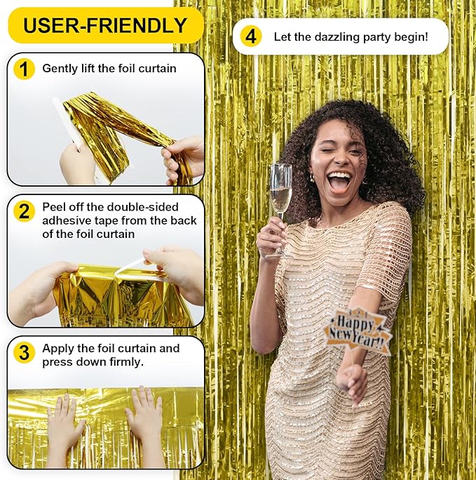 Homiest 3 Pack Gold Tinsel Backdrop, 3.3x6.6 FT Metallic Tinsel Foil Fringe Curtains Party Decorations, Birthday Door Streamers for Baby Shower Wedding, Photo Booth Props Background Wall Decor