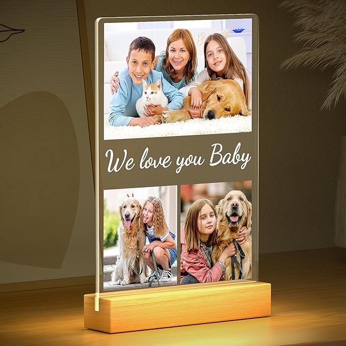 Custom Collage Picture Frames with Photo, Personalized Photo Frame with Night Light, Personalized Picture Frame, Customized Birthday Gifts for Baby Kids Girls Boys Pet Friends Family