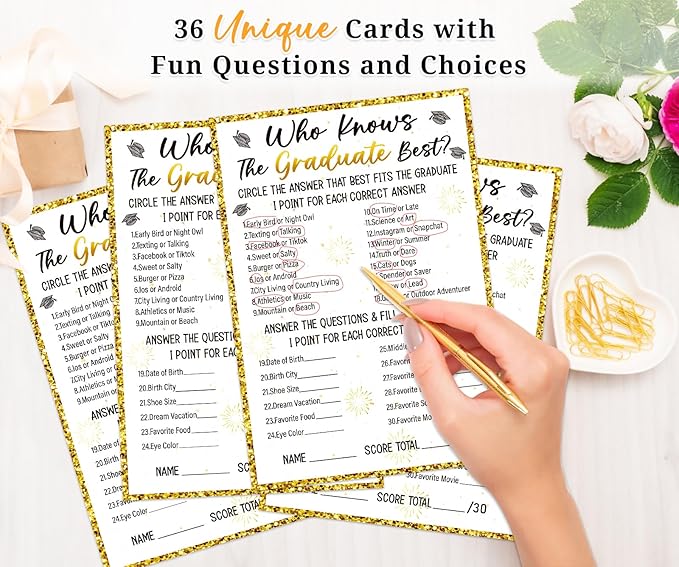 36PCS Who Knows Graduate Best Graduation Game Cards - Class of 2026 Graduation Party Games Card Graduation Games for Parties Senior High School College Graduation Party Favor Supplies