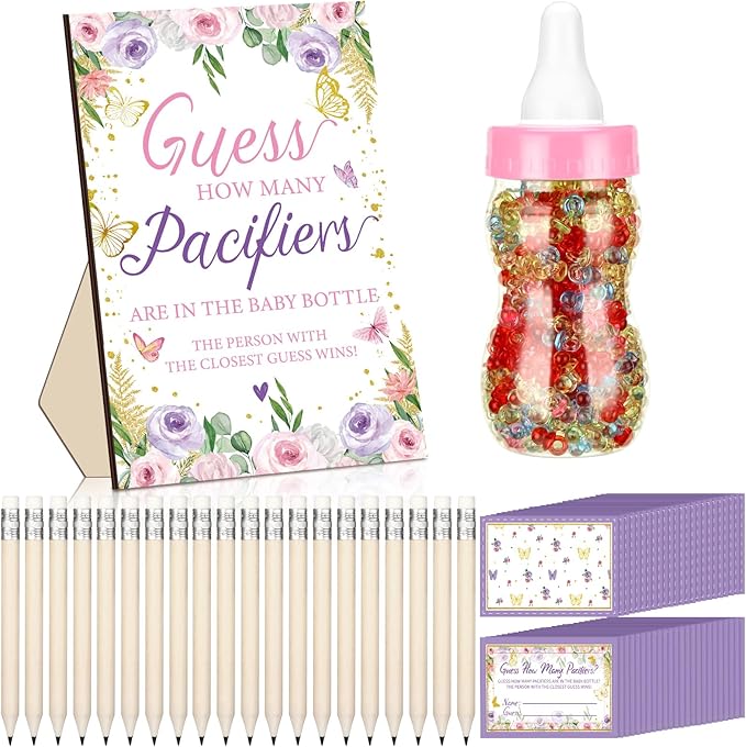 Syhood Butterfly Baby Shower Games Guess How Many Pacifiers Game Sign 50 Small Guessing Games 20 HB Pencils 750 ml Milk Bottle 400 Acrylic Pacifiers Decorations Guests Gender Reveal Party Favors
