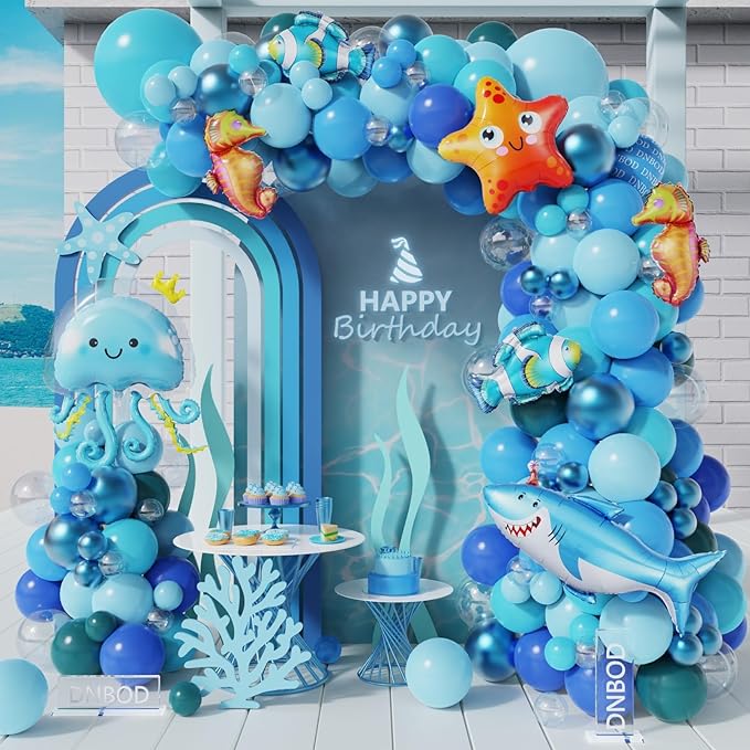 Under the Sea Party Decoration,162Pcs Mix Sky Royal Blue Balloon Arch Kit with Bubbles Starfish Shark Jellyfish Foil Balloon for Sea Animal Ocean Theme Birthday Baby Shower Beach Pool Party Supplies