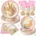 168PCS Happy Easter Party Supplies, Bunny and Eggs Paper Plates Napkins Cups and Cutlery, Easter Floral Disposable Tableware for Holiday Decor, Spring Wildflower Party Decorations