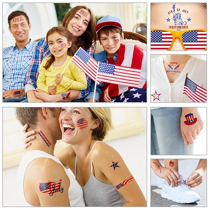4th of July Temporary Tattoos Party Decoration, American Flag Red White and Blue Patriotic Tattoo, Fourth of July USA Face Tattoo Sticker Party Favors Memorial Veterans Independence Day Accessories