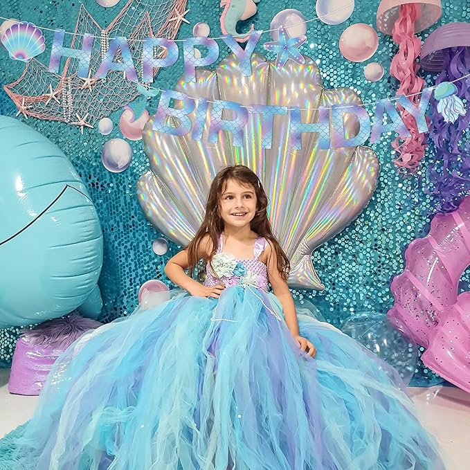 Mermaid Birthday Banner Sign, Mermaid Happy Birthday Bunting Banner Flag Garland for Girls Kids Baby Party, Baby Shower Decorations Supplies