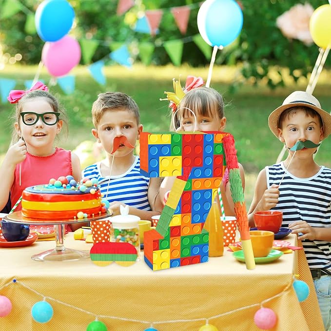 Number 7 Pinata Building Blocks with Pinata Stick Blindfold 7th Birthday Party Decorations Happy Birthday Building Block Theme Anniversary Party Supplies for Kids (Small, 16 x 10.6 x 3 in)