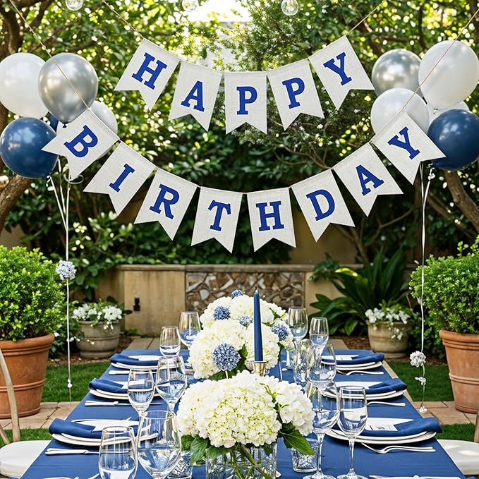 Happy Birthday Banner - Pre‑Strung Burlap Birthday Decorations and Reusable Birthday Sign for Men, Women & Kids | Party Supplies Backdrop (Navy Blue)