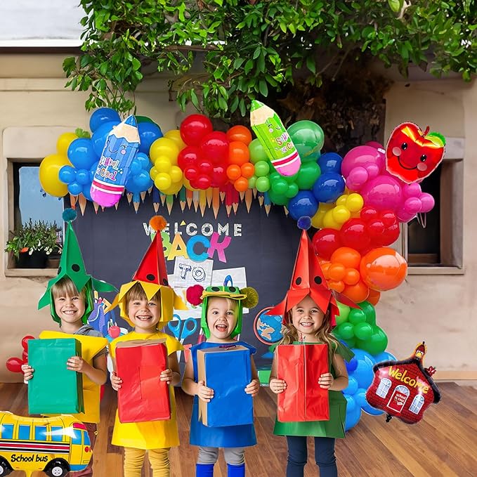 back to school balloons hot pink and red yellow green balloon garland arch kit 130+pcs with school bus classroom apple mylar balloon for back to school Birthday party decorations