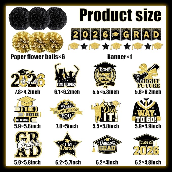 Black and Gold Graduation Decorations, 2026 Grad Banner and Congrats Grad Hanging Swirls, Black and Gold Graduation Banner Graduations Hanging Swirls College Graduations Party Decoration Class of 2026