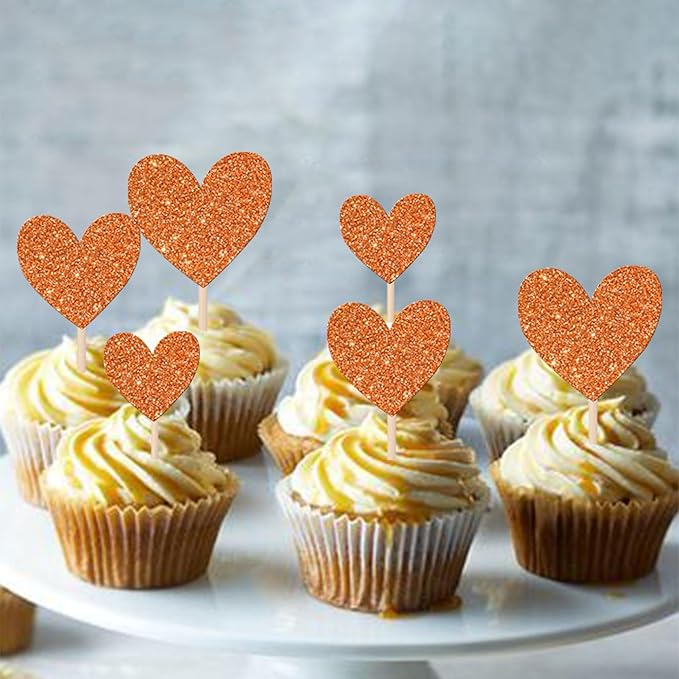 30 PCS Love Heart Cupcake Toppers Glitter Bridal Shower Sweet Love Cupcake Picks for Wedding Engagement Valentine's Day Baby Shower Birthday Party Cake Decorations Supplies Orange