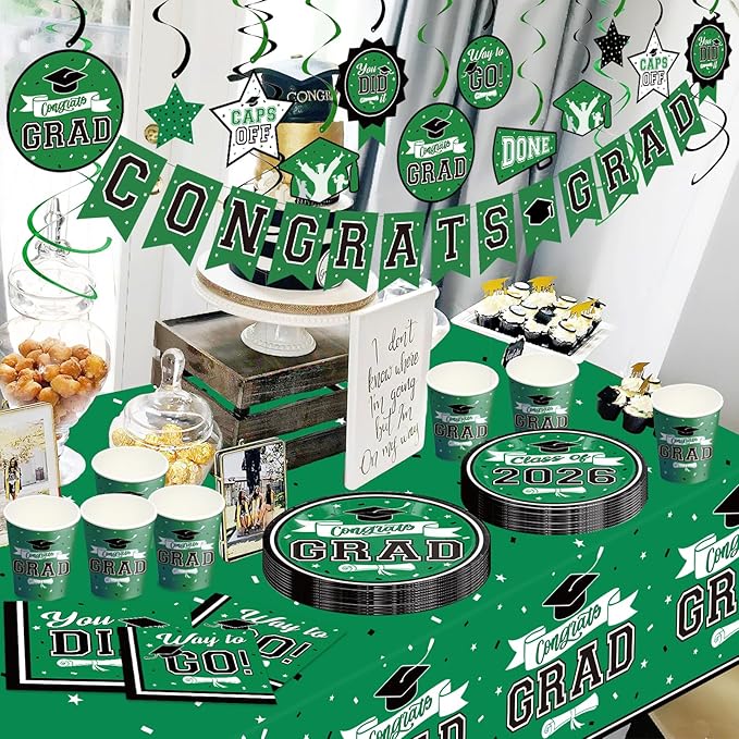 DAZONGE 2026 Graduation Decorations Green, 265pcs Graduation Party Decorations for 50 Guests, Disposable Class of 2026 Decorations Tableware Set, Plates, Napkins, Cups, Tablecloth, Hanging Swirls