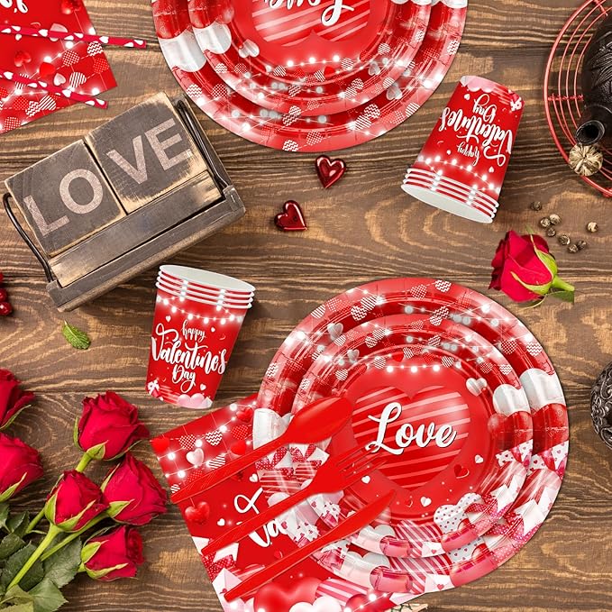 Valentine's Party Decorations 196 Pcs Valentines Plates and Napkins,Cups,Tablecloth Serve 24 Red Heart Valentine Banner Happy Valentine's Day Dinnerware Set Valentines Party Supplies