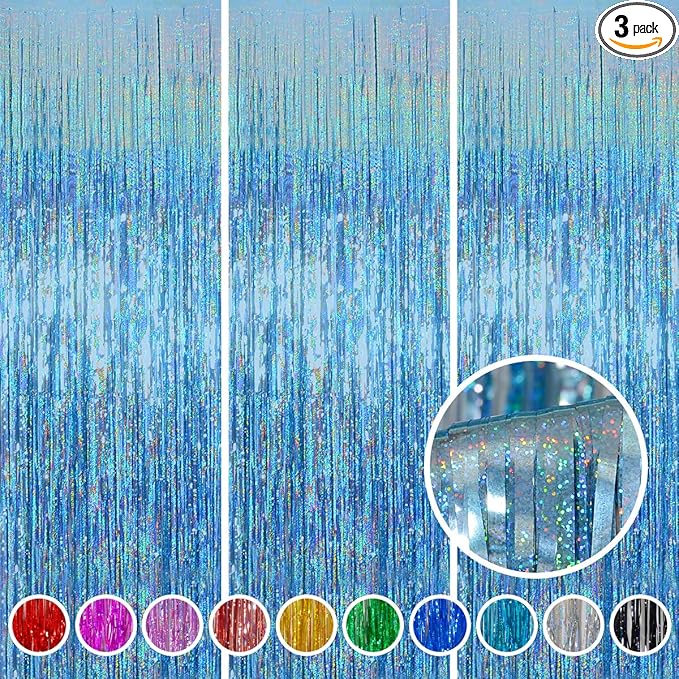 Foil Fringe Curtains Easter Decorations for Home - Melsan 3 Pack 3.2 x 8.2 ft Tinsel Curtain Party Photo Backdrop for Birthday Party Baby Shower or Graduation Decorations Light Blue