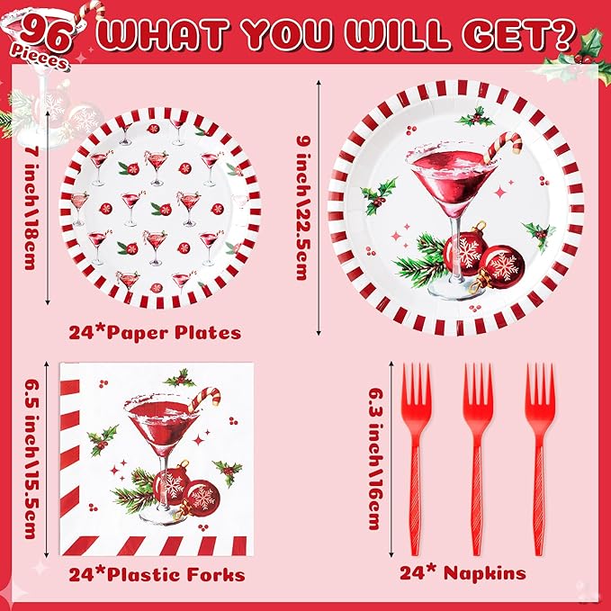 Christmas Cocktail Xmas Martini Cocktail Candy Cane Party Plate Supplies - Serves 24-96Pcs Party Tableware Decoration Disposable Paper Plate Napkin Fork for Winter Holiday Birthday
