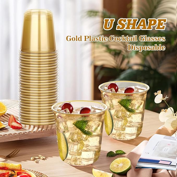 KesaPlan 50 Pcs Gold Plastic Cups, 12oz Disposable Stemless Wine Glasses for Cocktail Cute Clear Cocktail Wine Glasses Gold Party Cups for Meeting Wedding Graduation Holiday Party
