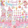 180pcs Sweet Sassy and Six Birthday Decorations with Tableware Set, Banner, Hanging, Tablecloth, Cake Topper, Centerpieces, Balloon, for 6 Year Old Girl Birthday Decorations, Serves 25