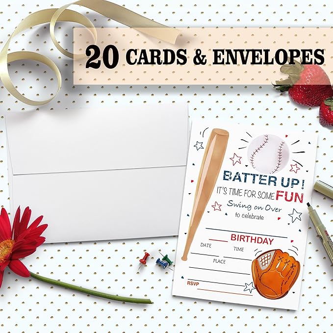 Baseball Birthday Party Invitation Cards, Batter Up It's Time for Some Fun Party Celebration, Party Supplies, Favors, 20 Cards With 20 Envelopes – (bq01)