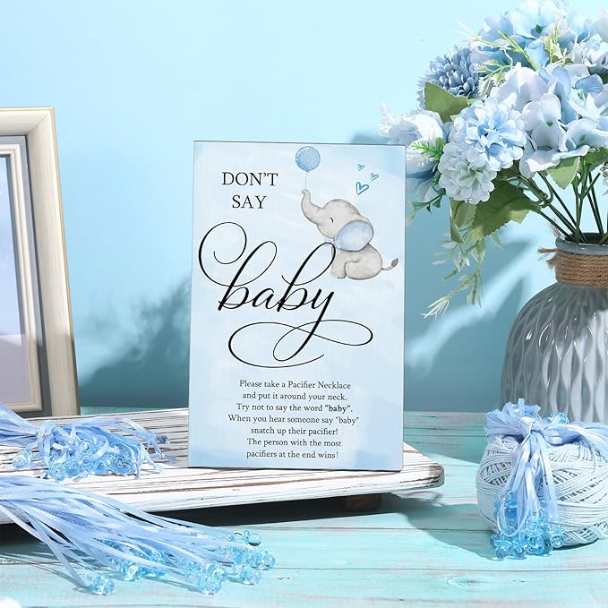 Geetery 51 Pcs Don't Say Baby Game Sign Cool Baby Shower Game 50 Pacifier Necklace Wooden Don't Say Sign Plastic Pacifier Party Favor for Gender Reveal(Elephant,Blue)