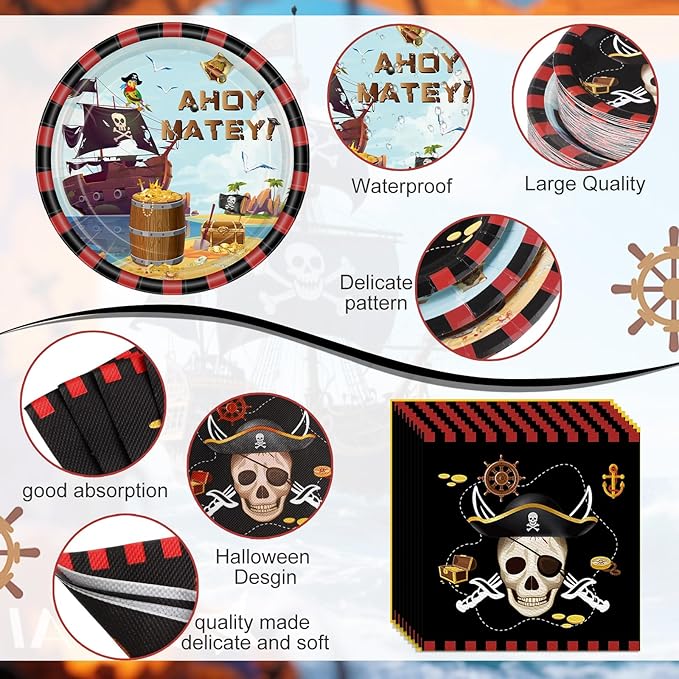 452 Pcs Party Supplies Serve 50 Guests, Paper Plates Napkins Cups Cutlery Plastic Tablecloth Dinnerware for Birthday Wedding Party Decoration(Red Black,Pirate)