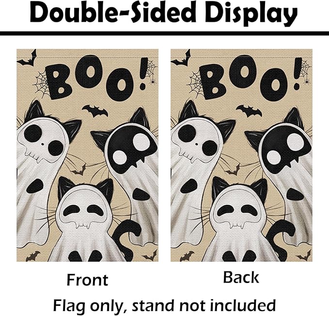Heyfibro Ghost Black Cat Halloween Garden Flag 12x18 Inch Double Sided Cute Boo Yard Flag Burlap Spooky Small Halloween Flags for Outside House Yard Farmhouse Holiday Decoration